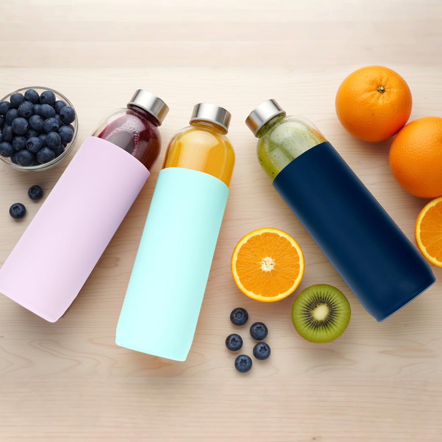 Luxfuel 32 oz Glass Juice Bottles with Lids and Silicone Sleeve, Reusable Refillable Water Bottles for Juicing, Refrigerator,100% Leak Proof, BPA Free, Clear Glass Set of 3