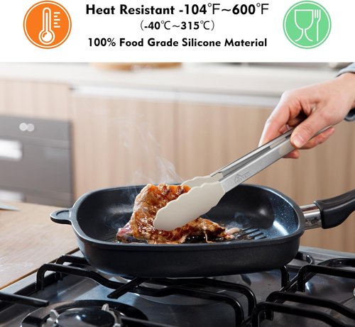 HOTEC Premium Stainless Steel Kitchen Tongs - Set of 2 (9" & 12") with Silicone Tips in Khaki