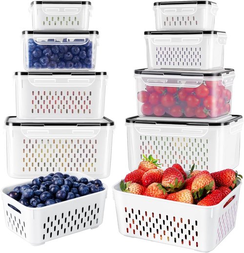 Freshmage Fruit Storage Containers - Airtight Produce Saver with Removable Colander | 8-Piece Set, Clear