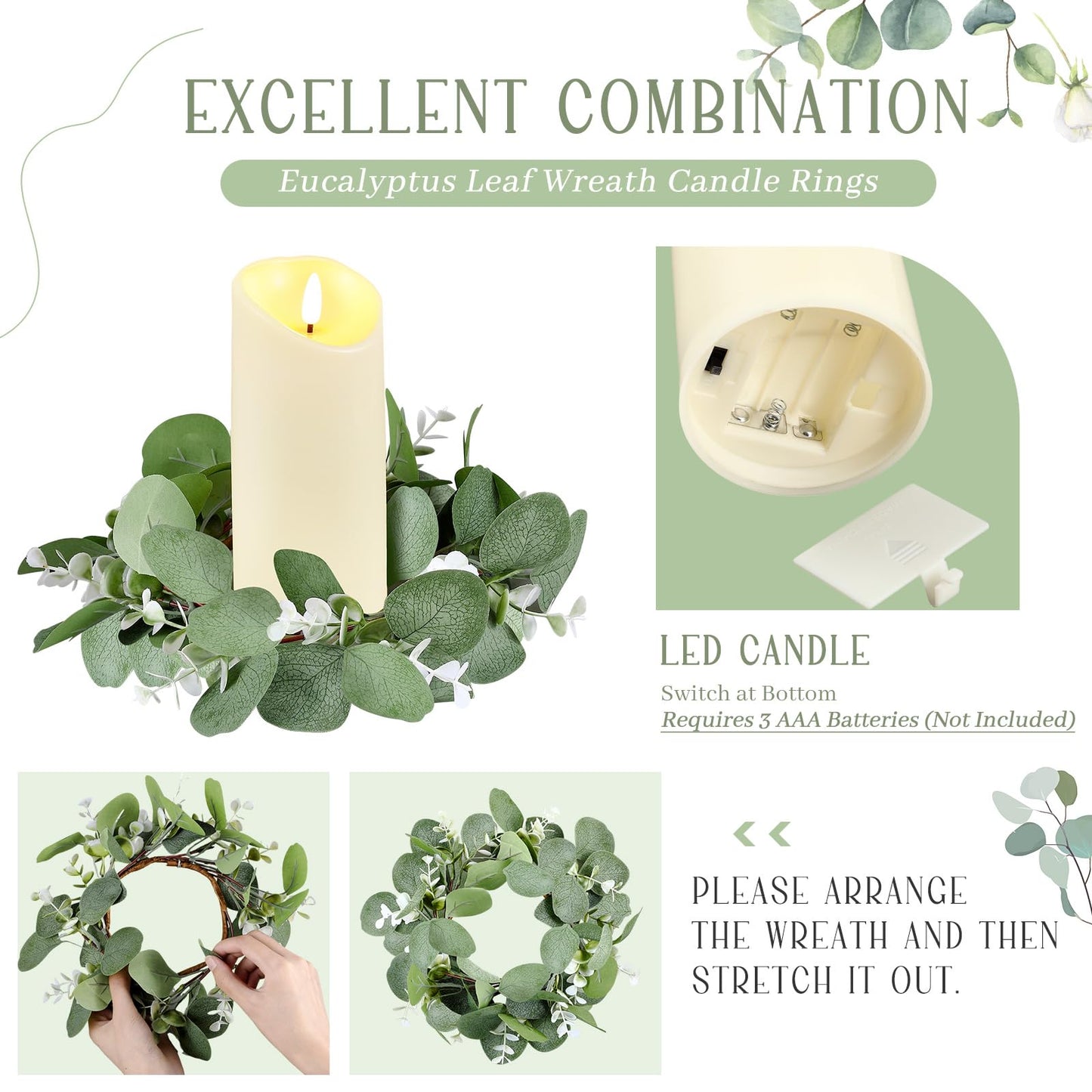 VIHOSE 10 Set Candle Rings Artificial Eucalyptus Leaves Wreaths with Flameless Candles Sets Boho Wreath Pillar Candleholders LED Pillar Battery Table Centerpieces for Wedding Home Party Decor