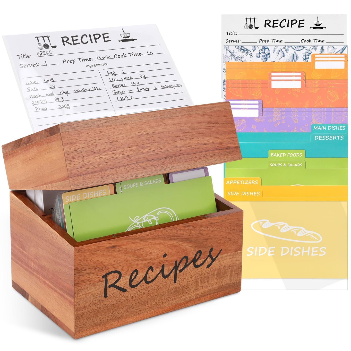 Icepark Acacia Wood Recipe Box (4x6), Custom Design Recipe Cards, 15 Multi-Color Labeled Dividers, 100 Waterproof Protectors, Magnetic Lid, Kitchen Recipe Organizer