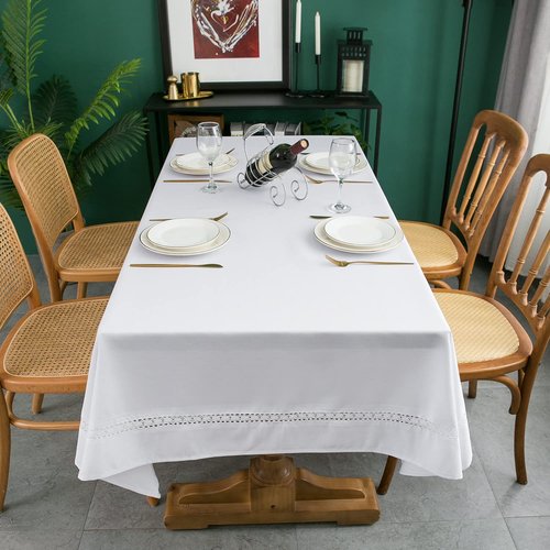 EHouseHome Heavy Duty Fabric Tablecloth with White Lace-Waterproof/Wrinkle Free/Stain Resistant/Oil Proof-for Dining,Indoor&Outdoor,Wedding,Holiday,White,Rectangle 60x84Inch