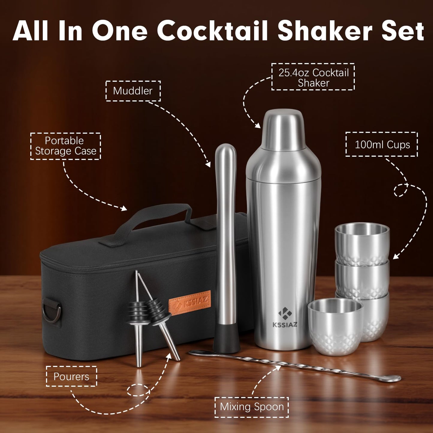 Kssiaz Cocktail Shaker Set with Stackable Cups, Vacuum Insulated Stainless Steel Martini Shaker Set, Portable Travel Bartender Kit with Bartender Accessory Tools, 25.4oz, Silver