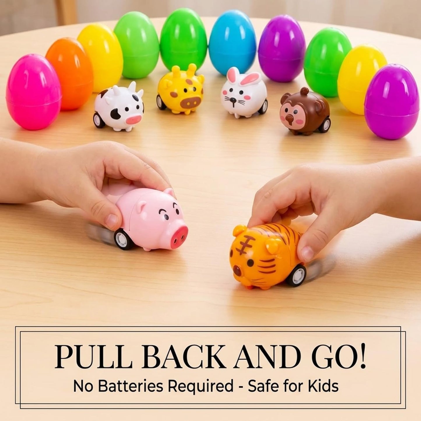 LIYROIUB 12 Pack Filled Easter Eggs with Animal Pull Back Car Toys - Surprise Toy Assortment for Easter Egg Hunts, Basket Stuffers & Party Favors | Easter Gifts for Kids Boys Girls