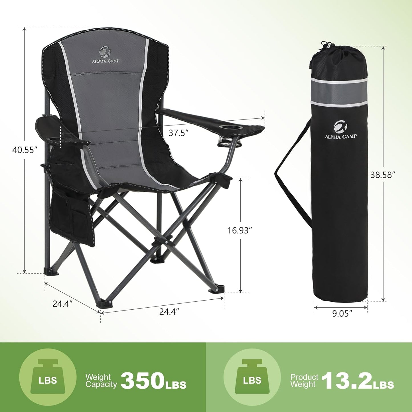 LET'S CAMP Oversized Camping Chair - Heavy Duty 350 LBS Capacity, 2 Pack with Cup Holder & Storage Bag | Grey