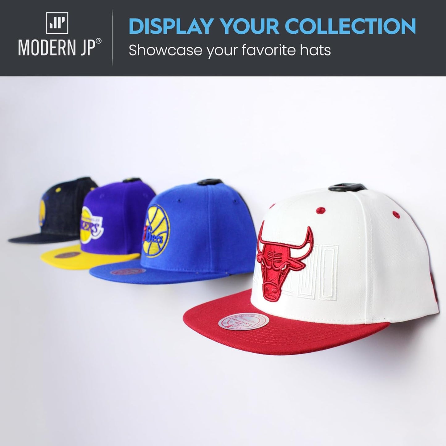 Modern JP Hat Hooks - Strong Adhesive Wall Rack for Baseball Caps | 16-Pack, Minimalist Design, Black