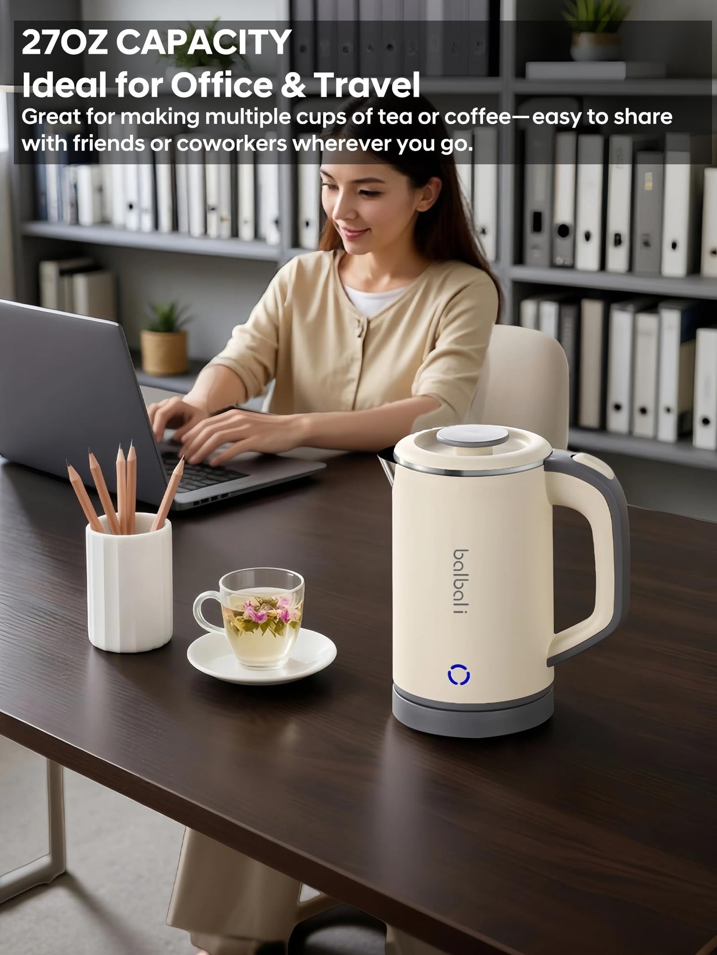 Portable Electric Kettle, 27oz Mini Travel Kettle for Camping & Office, 600W Fast Boiling, Compact Personal Small Kettle with Auto Shut-Off, Stainless Steel Interior, Beige