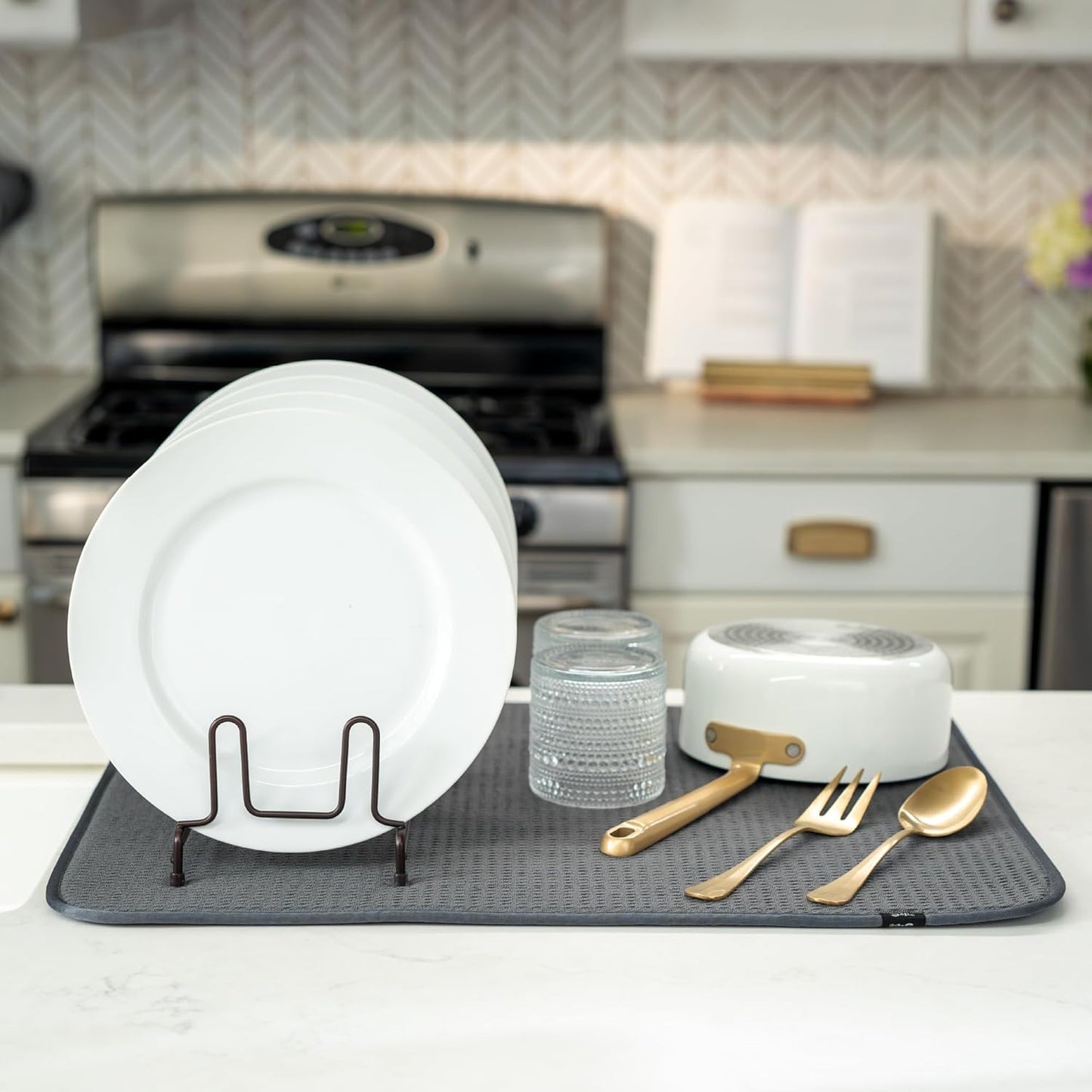 S&T INC. Dish Drying Mat - Charcoal 18" x 24" with White Bamboo Dish Soap Dispenser Bundle