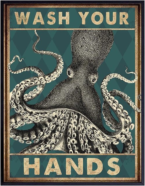 Beach Coastal Nautical Bathroom Wall Art - Octopus Wash Your Hands Sign | 11x14 Cute Decor