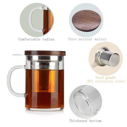 COMI Tea Cup with Infuser Walnut Lid&Handle, Glass Tea Cups with Wide Mouth Extra Large Capacity, Stainless Steel Tea Infuser Mug for Loose Leaf Tea Steeping(14oz/400ml)