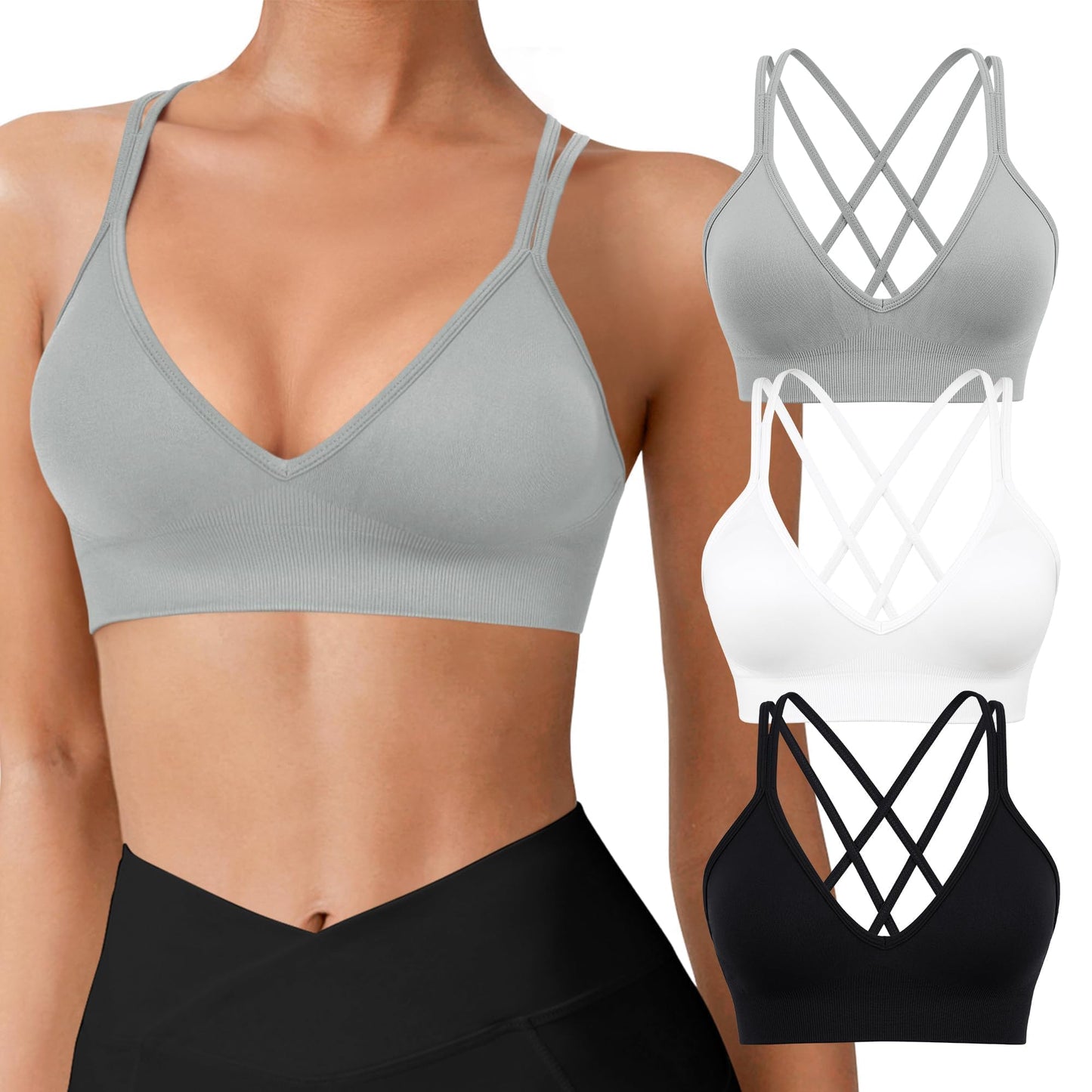 VEQING 3 Pack Women's Seamless Sports Bra - Deep V Neck Wirefree Yoga Bras with Removable Pads, Crisscross Strappy Back Comfortable Low Impact Workout Bralette for Small Chests, Daily Wear