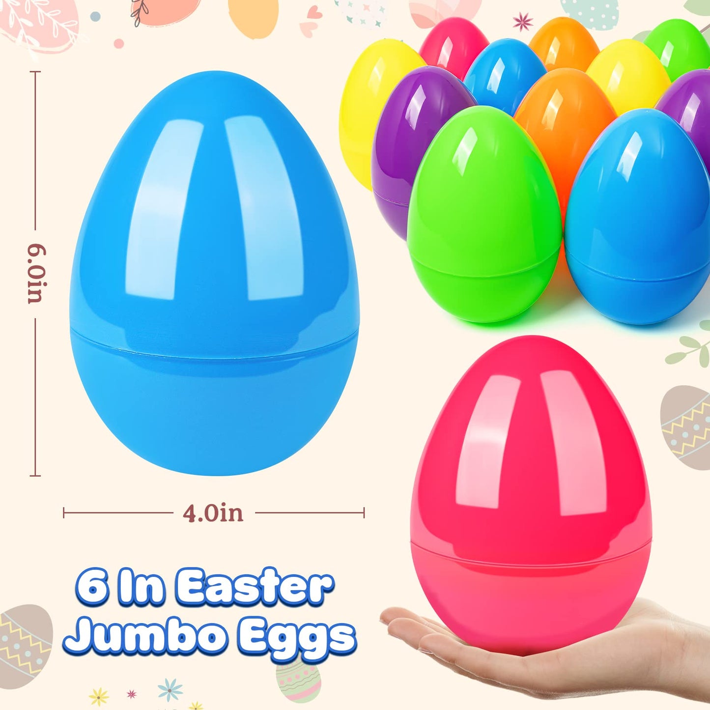 V-Opitos 24 PCS Jumbo Easter Eggs, 6 Inch Large Plastic Easter Eggs, Bulk Fillable Empty Eggs for Easter Egg Hunt, Surprise Eggs, Basket Stuffers Fillers, Easter Party Favor for Kids