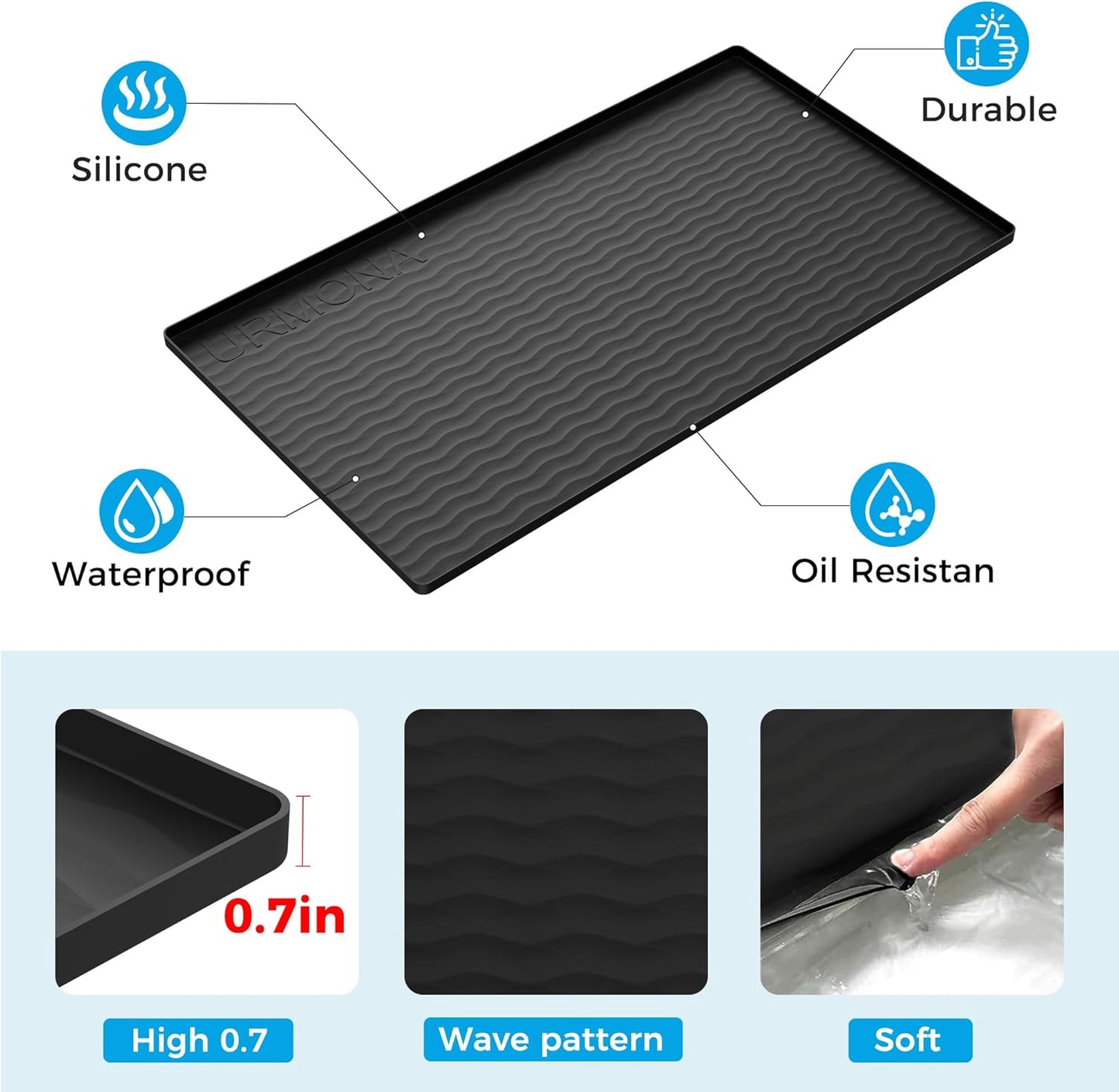 URMONA Waterproof Silicone Under Sink Mat - 25'' x 22'' Kitchen & Bathroom Protector | Black