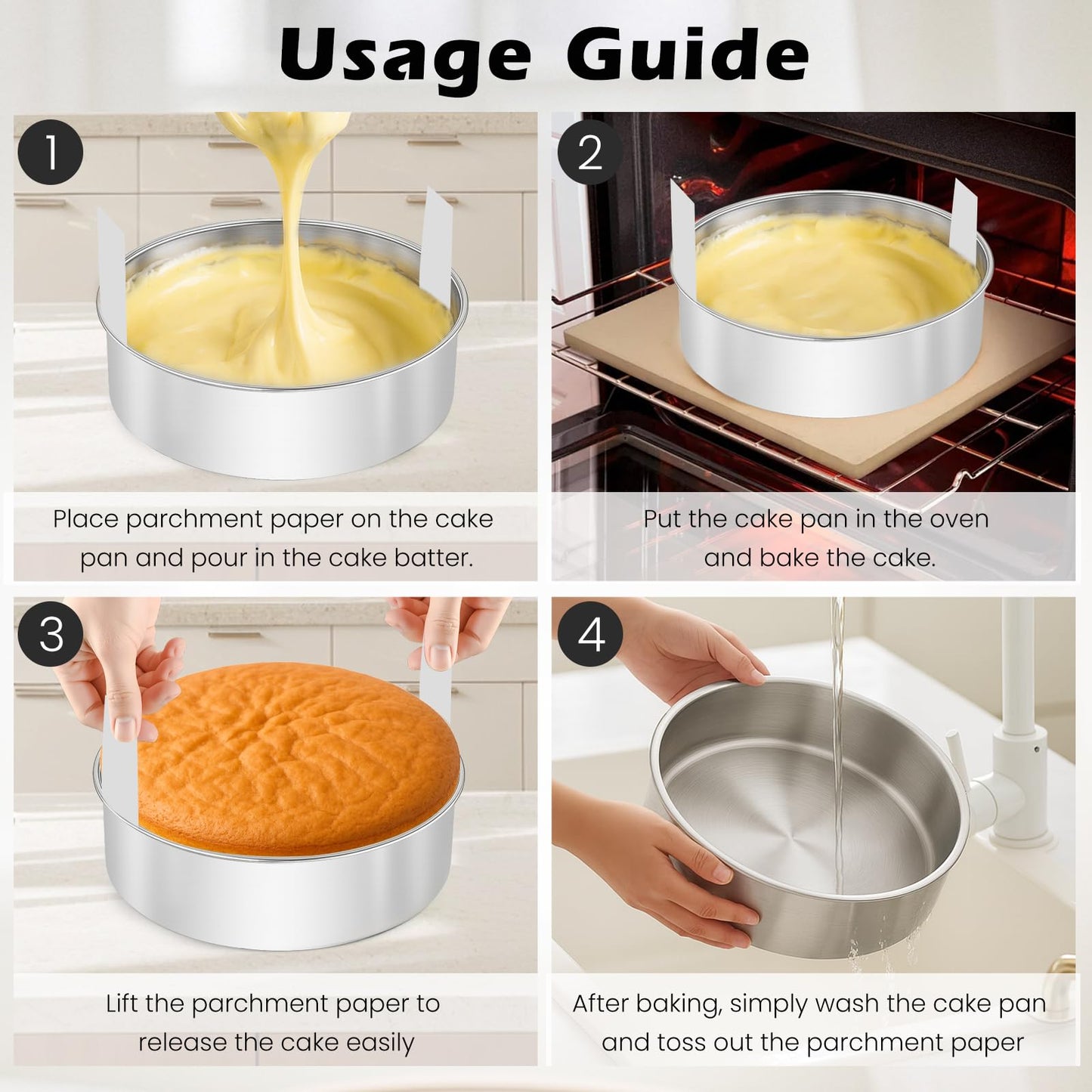 tutikuki 8 Inch Cake Pan - 3PCS Stainless Steel Round Layer Cake Baking Pans with 100 PCS Parchment Paper, Round Bakeware for Party Birthday Wedding, Mirror Finish & Dishwasher Safe
