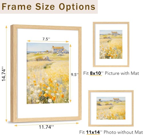 JCJMY Solid Wood Picture Frame - Display 8x10 with Mat or 11x14 Without - Natural Finish, Shatter Resistant Plexiglass