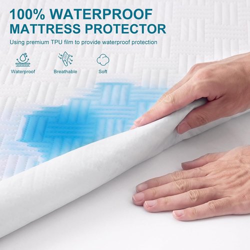 GOPOONY Waterproof Mattress Protector - Breathable, Noiseless, Ultra-Soft Queen Size Bed Cover | Deep Pockets 8"-21" (White)