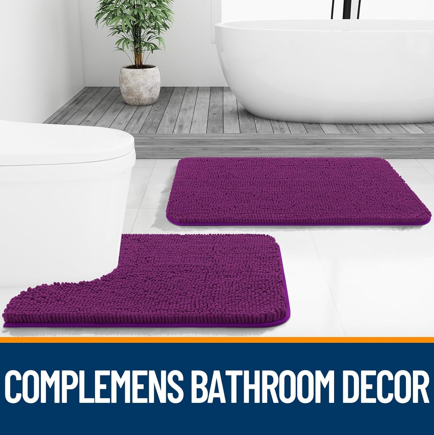 OLANLY U-Shaped Toilet Rug - Extra Soft, Absorbent Chenille Bath Mat | 24x20, Quick-Dry, Non-Slip, Purple