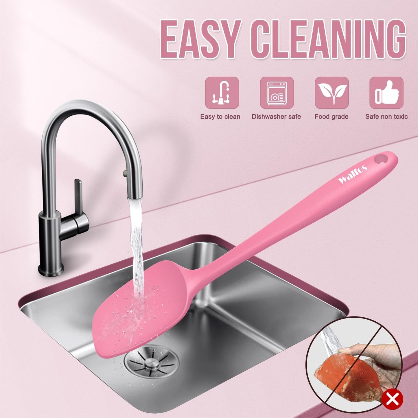Walfos Silicone Spatula Set - High Heat Resistant Kitchen Scrapers (600°F) | BPA Free & Dishwasher Safe - Pink