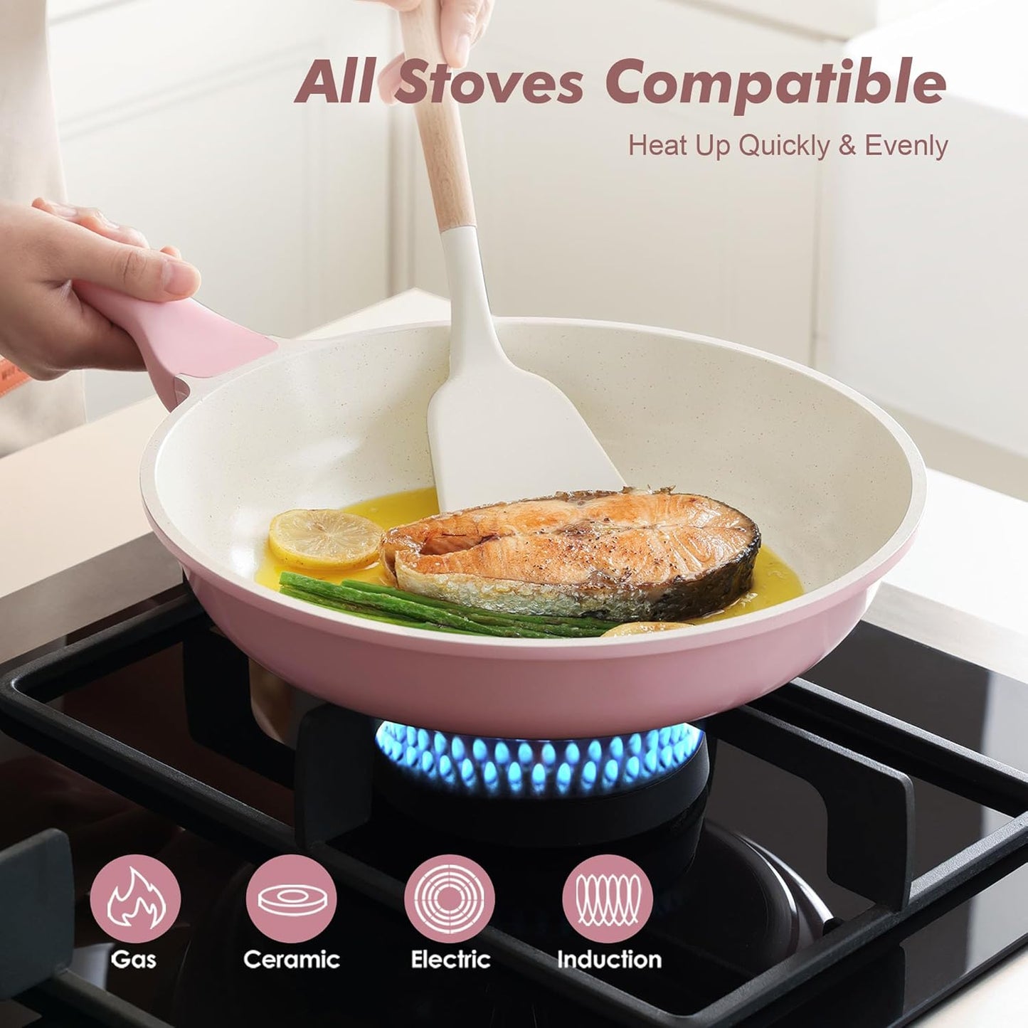SENSARTE Nonstick Ceramic Frying Pan - 11 Inch Induction-Compatible Skillet with Lid, Sakura Pink
