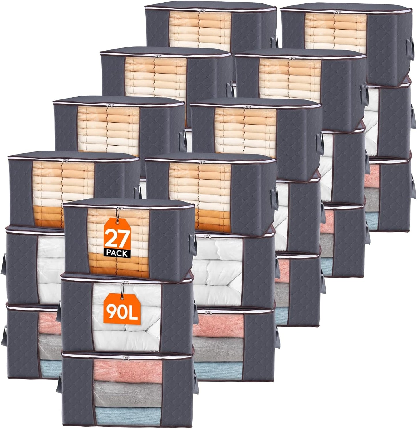 Lifewit 27-Pack 90L Clothes Storage Bins - Foldable Blanket Bags with Zippers & Clear Windows