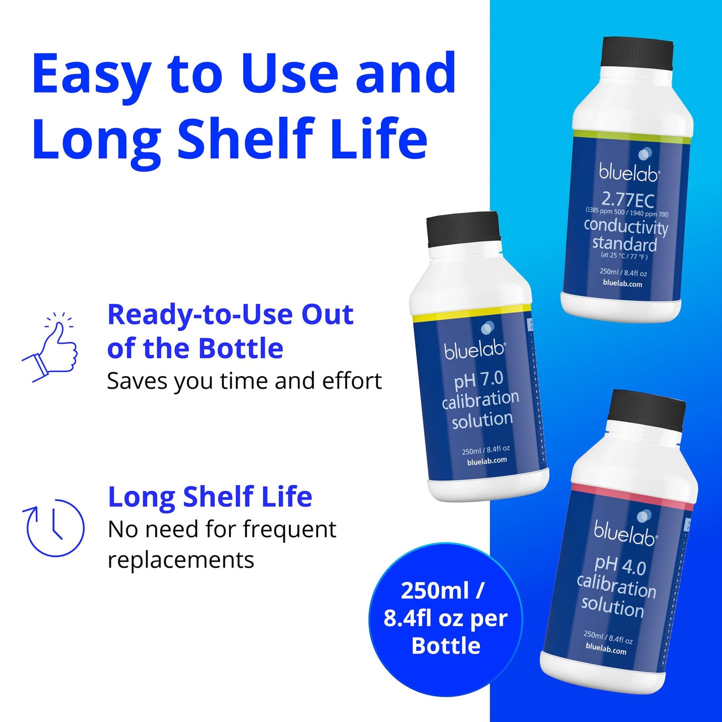 BlueLab 2.77EC Conductivity Solution, PH 7.0, and PH 4.0 Calibration Solution Set 250 Milliliters