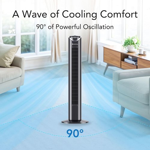 Comfort Zone Oscillating Tower Fan - Ultra-Slim Bladeless Design with 3 Speeds & 90° Oscillation | Quiet Portable Fan for Home or Office, Black
