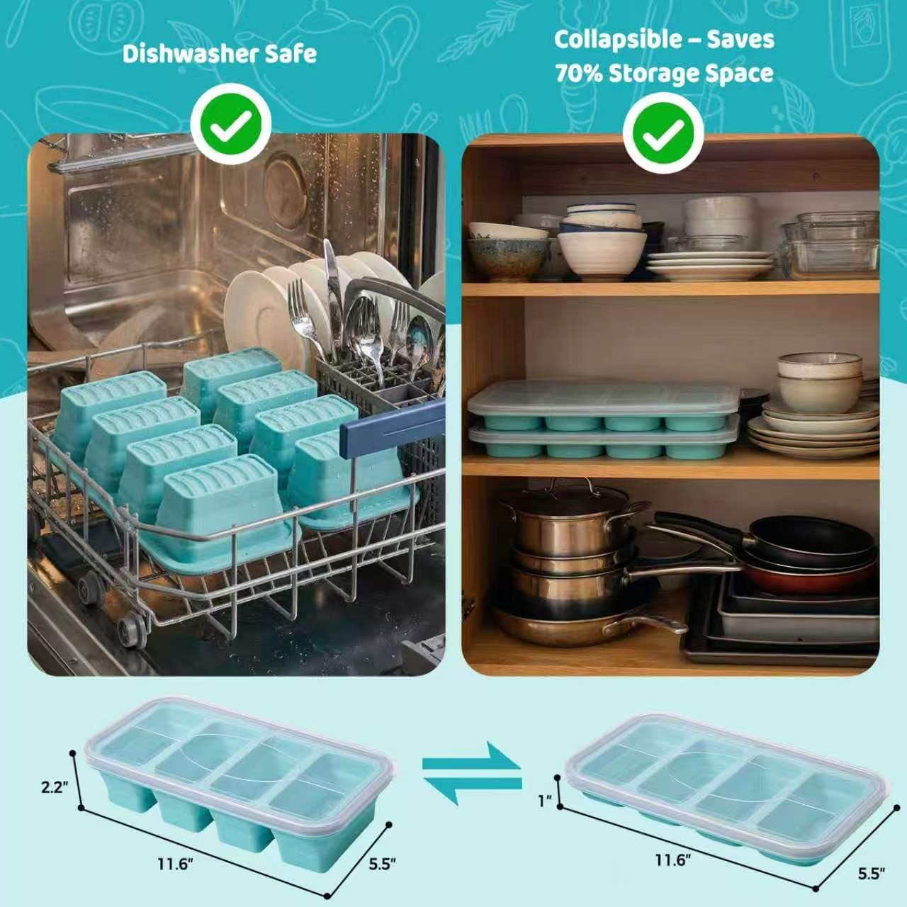 Skiennix Foldable Silicone Freezer Trays - 1-Cup Soup Molds with Lids | BPA-Free, Stackable Meal Prep Containers