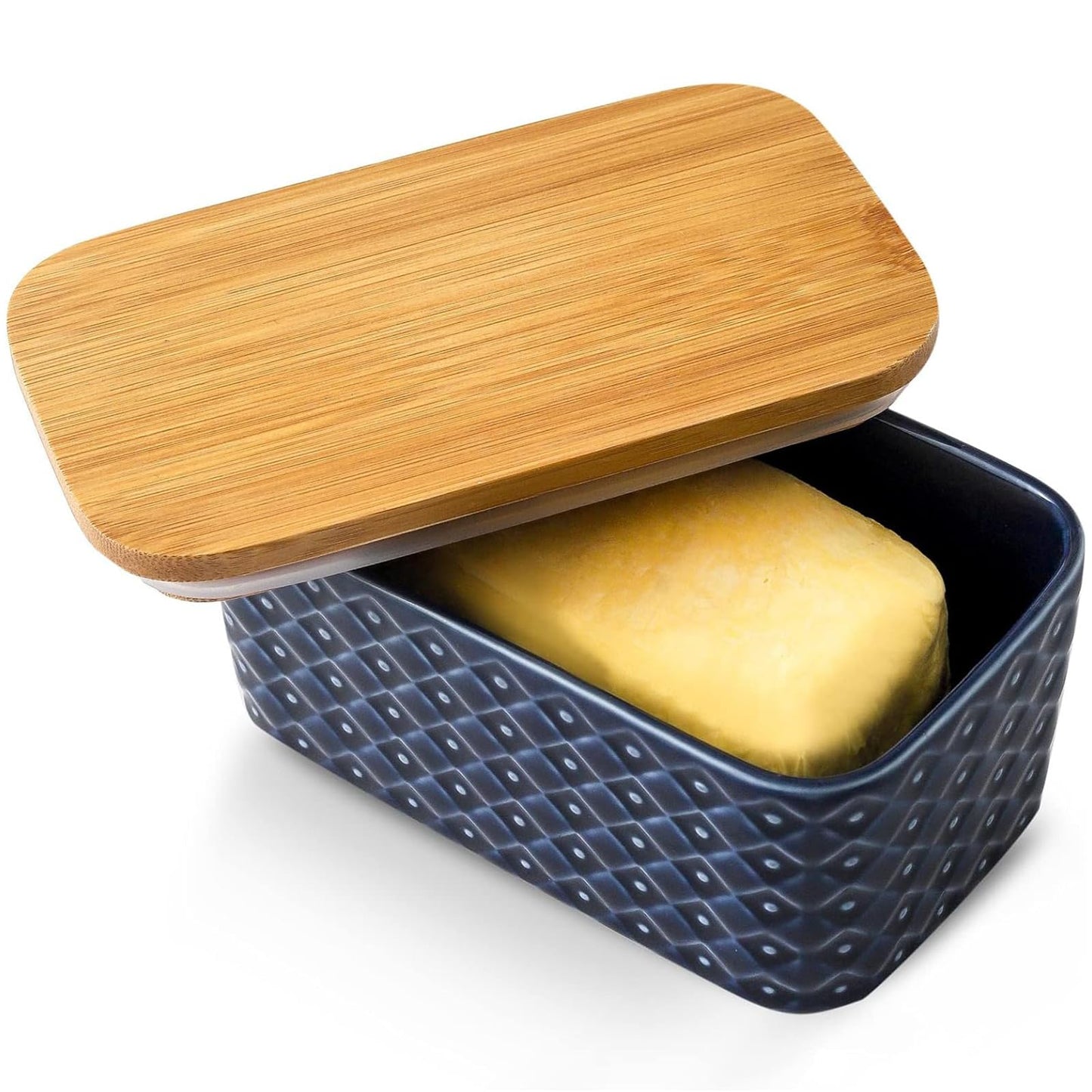 Hasense Ceramic Butter Dish with Lid, Butter Container for Countertop Airtight Butter Stick Covered Keeper,Navy Blue Embossed Pattern,Easy Clean Dishwasher Safe