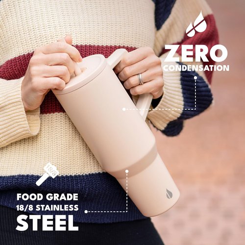 Elemental 40 oz Tumbler with Handle and Straw - Spill Proof Insulated Stainless Steel Commuter for Cold Beverages - Travel Coffee Mug with 2 Straws & Spill Proof Lid - 40oz - Beige