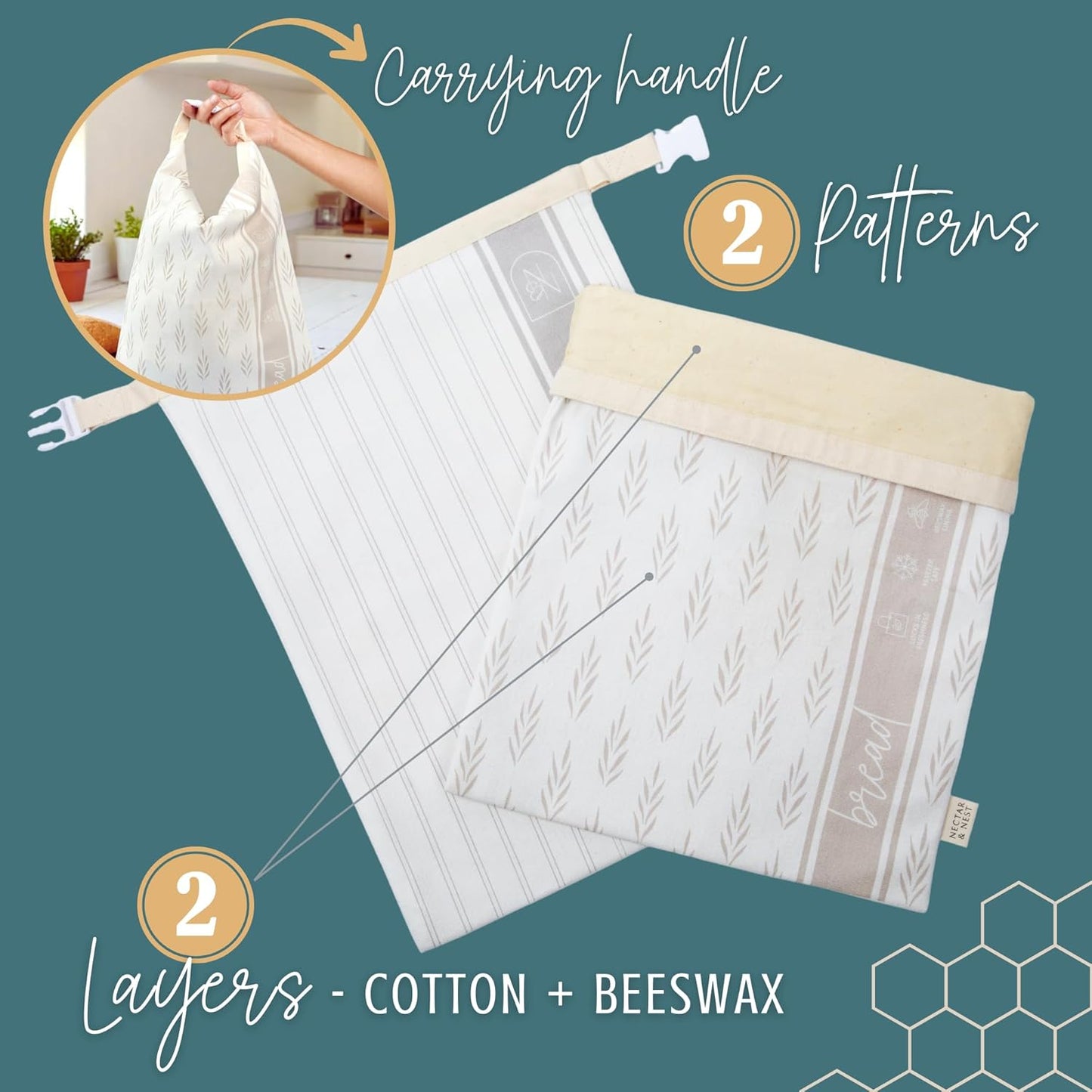 Nectar & Nest Reusable Beeswax Bread Bags - XL Eco-Friendly Storage for Homemade Bread & Sourdough