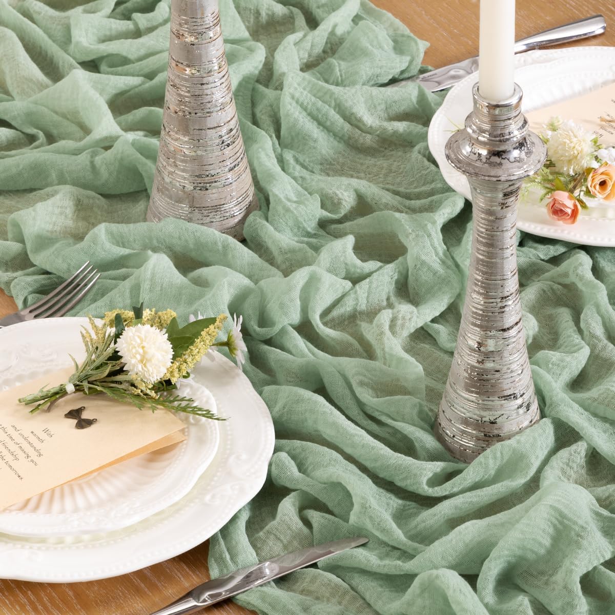 Santaben Sage Green Cheese Cloth Table Runner Spring 120 Inch Soft Rustic Boho Gauze Cheesecloth Table Runner 10FT for Wedding Birthday Party Baby Shower Home Decoration