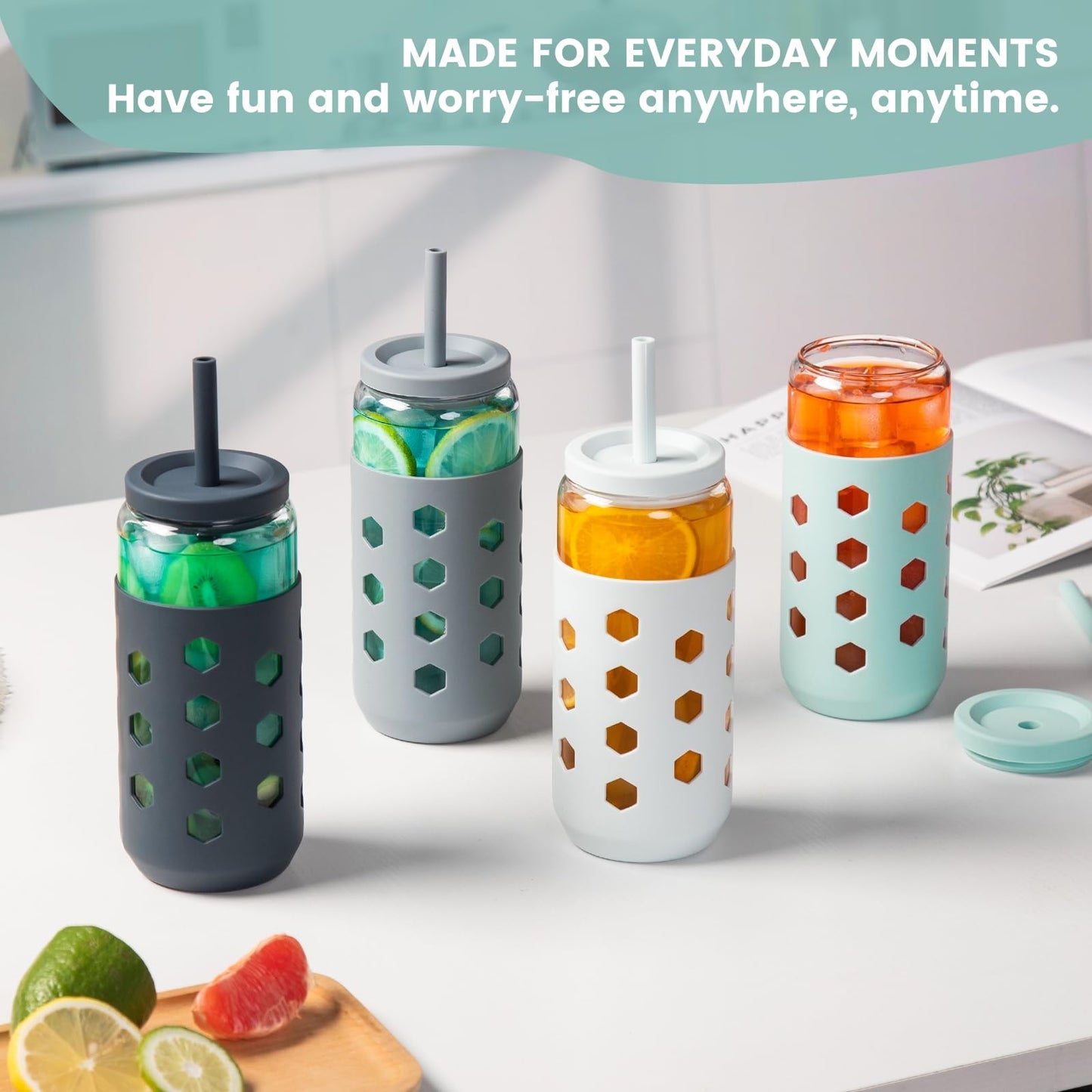 Mrsdry Glass Cups with Lids and Straws (4 Pcs), 20oz Drinking Glasses Set with Silicone Sleeves for Coffee Bar Accessories Iced Coffee Cups with Lids, Glass Tumbler Reusable for Gifts