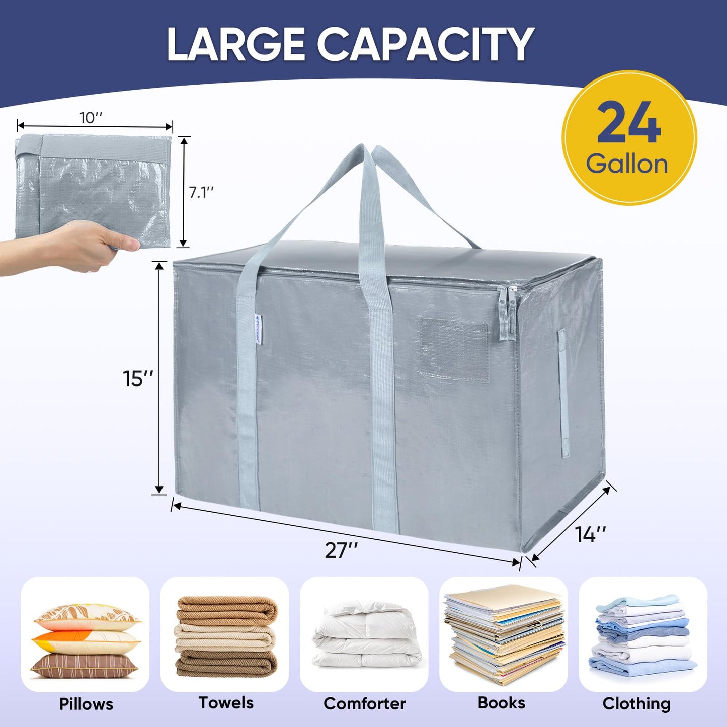 TICONN 6 Pack Extra Large Moving Bags Heavy Duty with Zippers & Carrying Handles, Durable Storage Bags Moving Boxes for Closet Organizers and Storage (6 Pack, Light Grey)