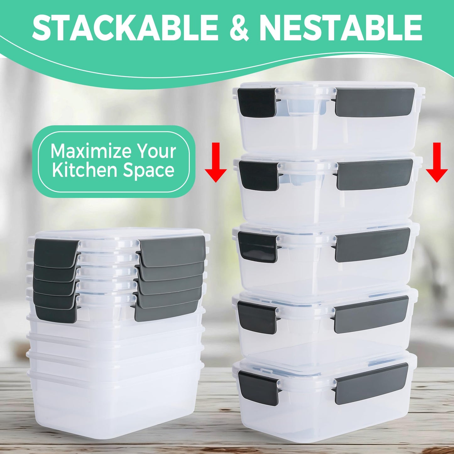 YORY 9 cup Plastic Food Storage Containers with Lids Nestable Freezer Dishwasher Safe Rectangle Meal Prep Container Set,5-Pack