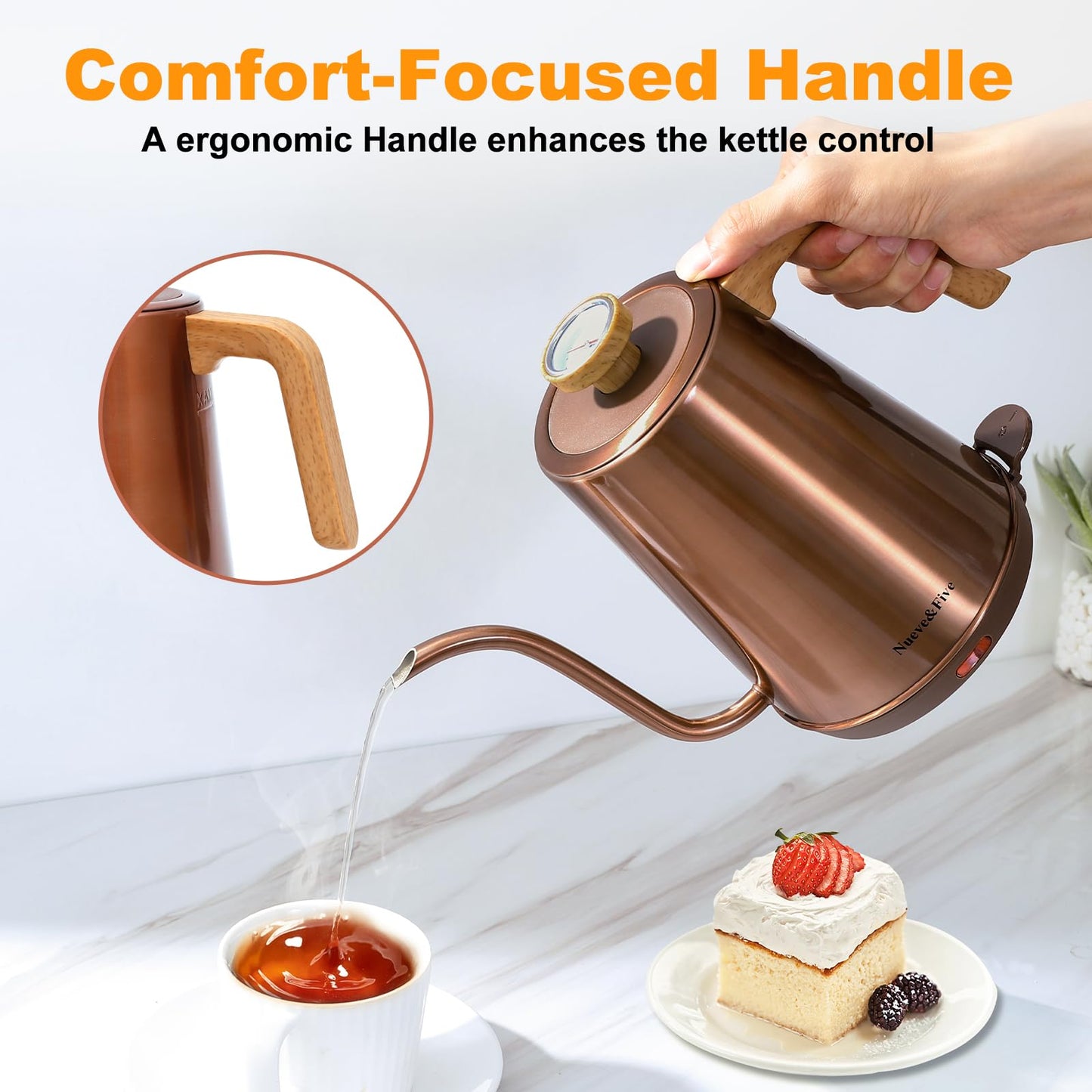Nueve&Five Gooseneck Electric Kettle with Thermometer, Copper Tea Kettle with Auto Shut-Off,1000W Hot Water Kettle Electric of Stainless Steel,Electric Kettles for,Coffee & Tea