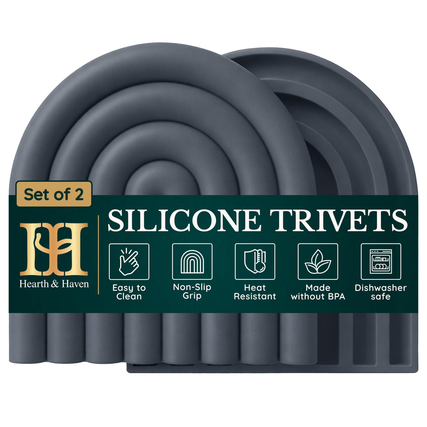 Silicone Trivets for Hot Dishes, Heat-Resistant, Non-Slip Pot Holders for Kitchen & Coasters Durable Hot Pads for Pots, Pans, Baking Dishes & Kitchen Appliances Set of 2 Graphite Noir