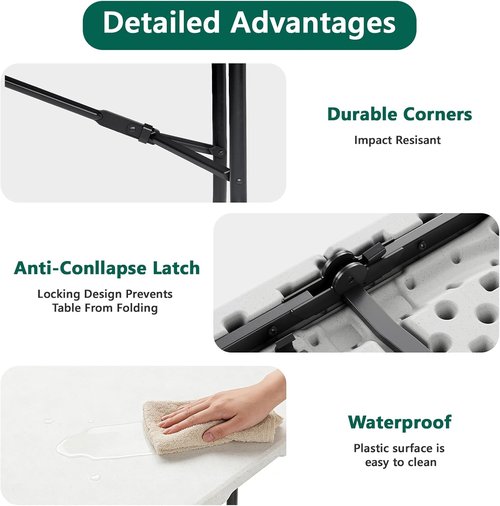 Folding Table 6ft - Heavy-Duty Plastic Utility Table with Handle | Portable & Foldable for Indoor/Outdoor Events