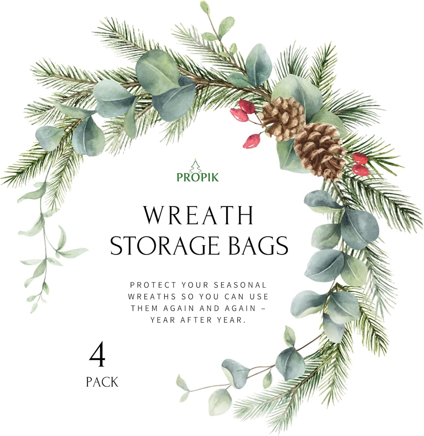 ProPik Christmas Wreath Storage Bag - Waterproof PVC Container for 24-Inch Wreaths | 4 Pack, Clear Design