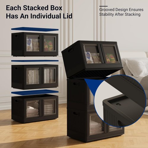 FLEXIMOUNTS Stackable Storage Bins - Collapsible Plastic Bins with Lids & Wheels | 3-Pack, Black