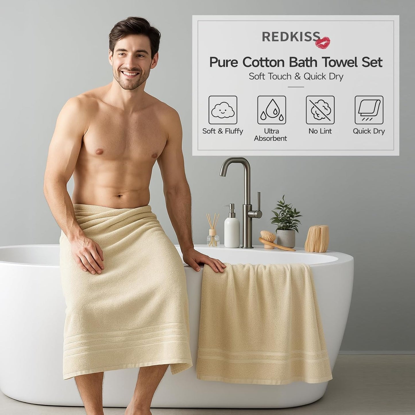 REDKISS 6-Piece Cotton Towel Set - Soft, Highly Absorbent Bath Towels in Beige | Hotel Quality 650GSM