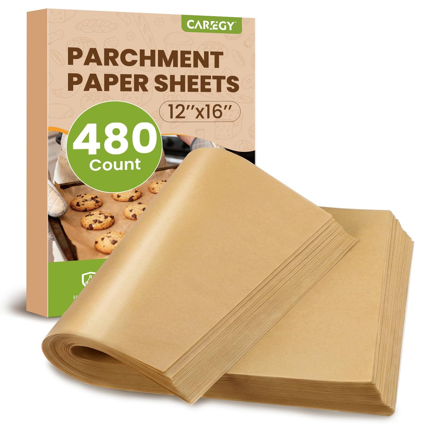 CAREGY 480Pcs Unbleached Parchment Paper Sheets, 12 x 16 Inch,Precut Non-Stick Parchment Paper for Baking,Cooking, Grilling, Air Fryer and Steaming,Fit for Half Sheet Pans