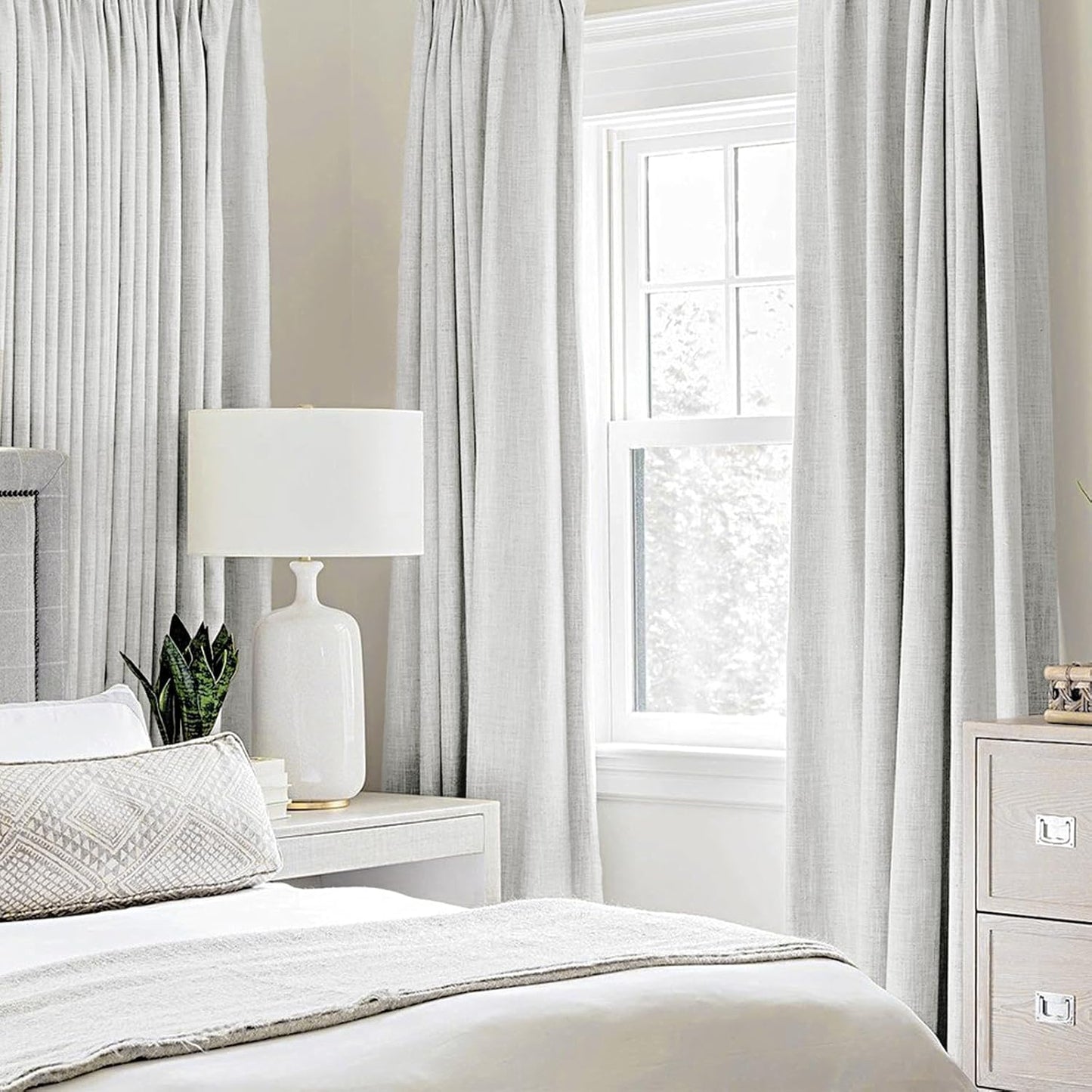 MIULEE Blackout Curtains - 100% Thermal Insulated Linen Textured Drapes | Heathered White, 52 x 63 Inch (2 Panels)