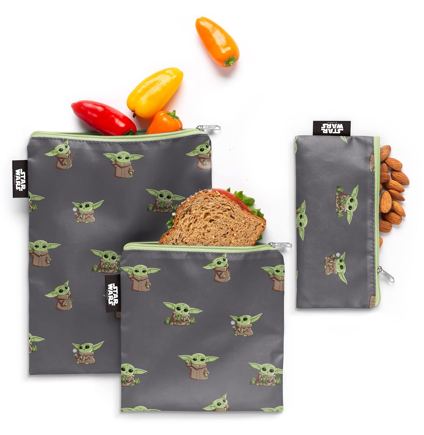 Simple Modern Star Wars Reusable Snack Bags for Kids | Food Safe, BPA Free, Phthalate Free, Polyester Zip Pouches | Washable & Refillable Sandwich Bag | Ellie Collection | 3 pack | Grogu Force Strong