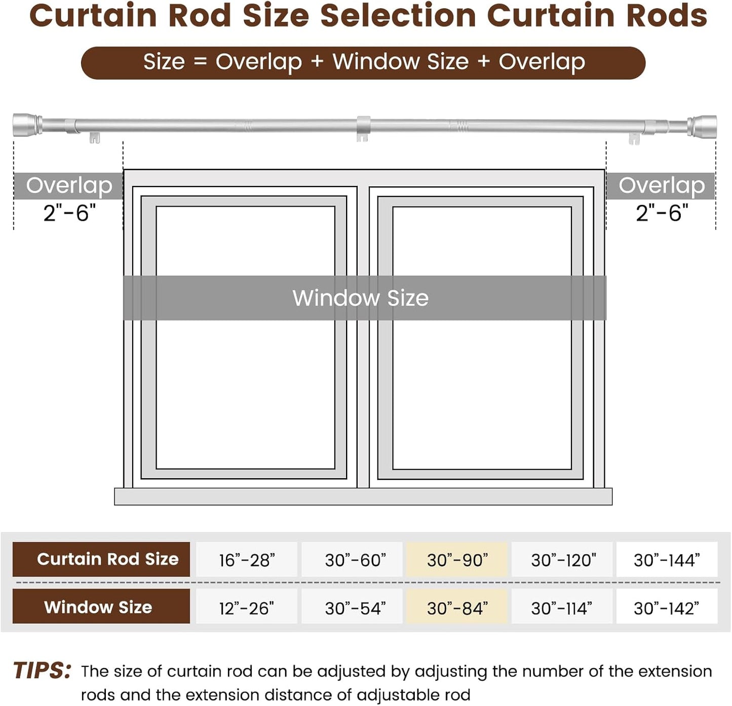 Skiennix 1” Diameter Silver Curtain Rod - Adjustable 30-90 Inch for Heavy Duty Window Treatment