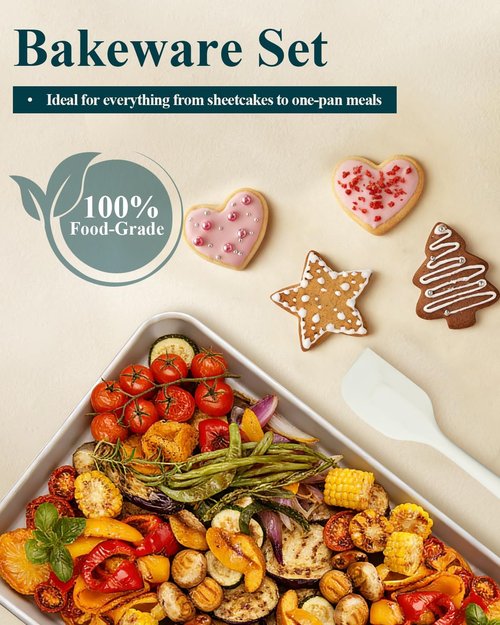 7PCS Ceramic-Coated Baking Sheet Set - Non-Stick Jelly Roll Pan with Rack, Spatula & Cutters | PFAS Free, Oven Safe (550°F), Sunshine Cream