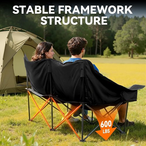 Huskfirm Oversized Double Camping Chair - Padded Folding Loveseat with Cup Holders & Side Pockets | Heavy Duty Black