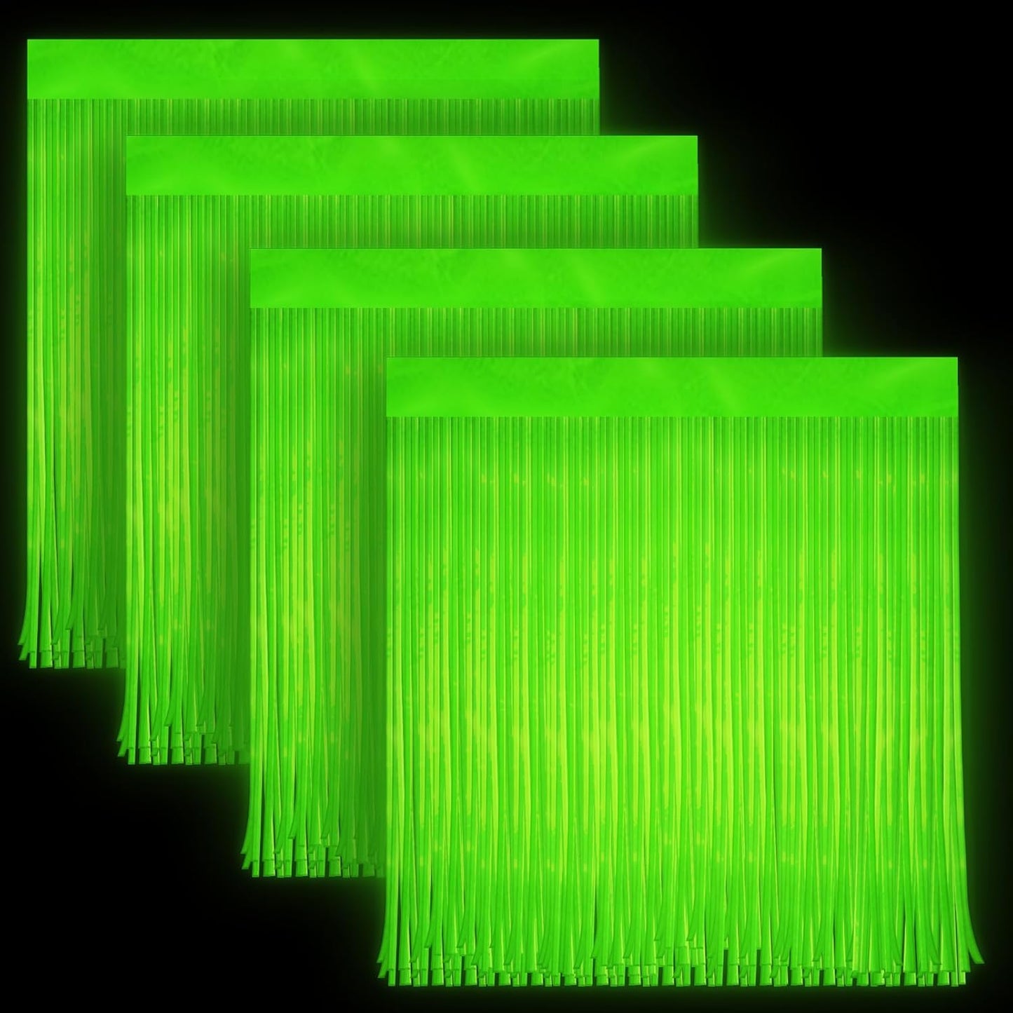 Skiennix Glow In The Dark Curtains - 4 Pack Tinsel Foil Fringe Backdrop for Neon Parties | 6.6 x 3.3 Ft
