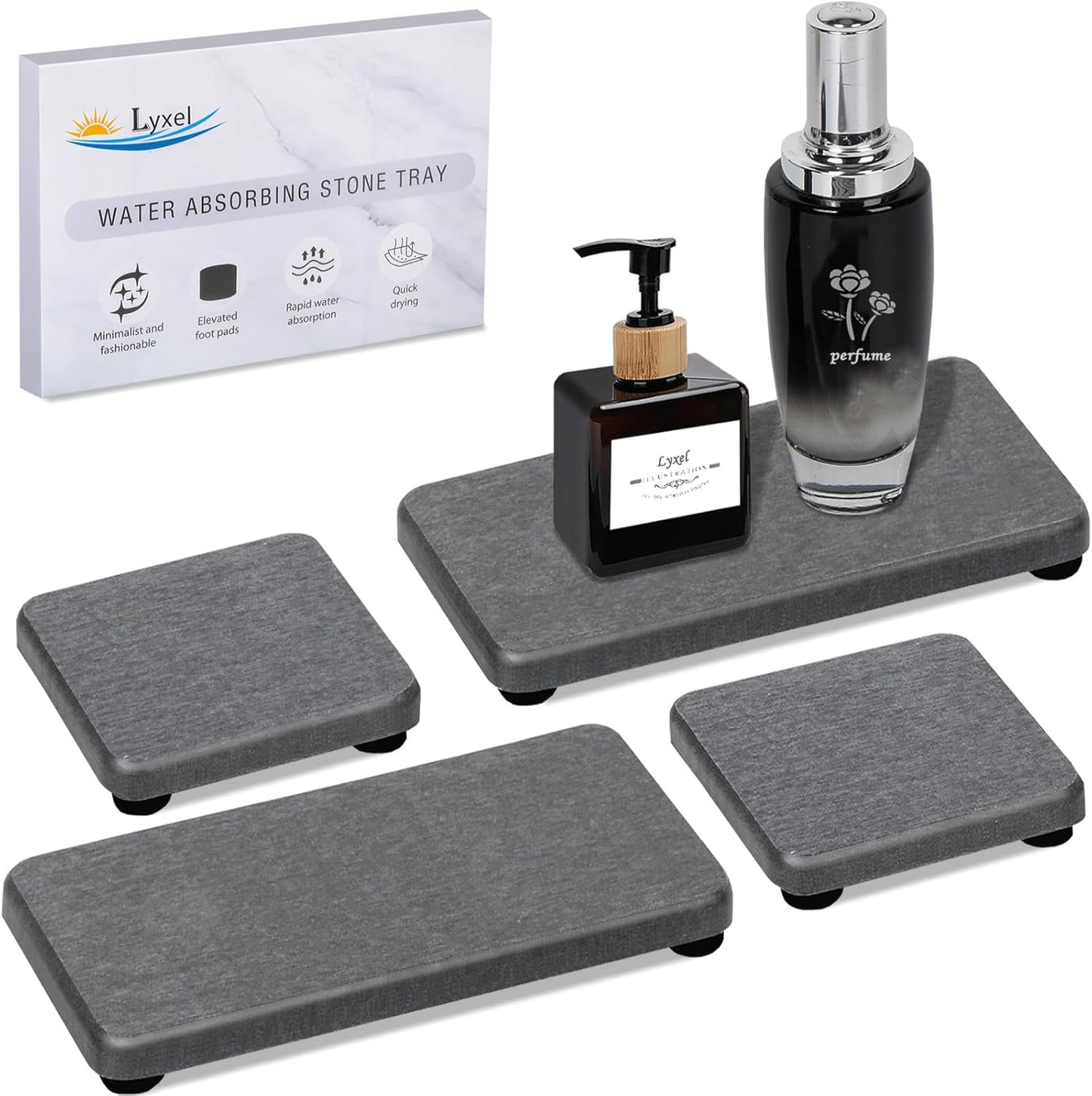 Skiennix Water Absorbing Stone Tray - Fast Drying Diatomite Coaster Set | 4PCS for Kitchen & Bathroom