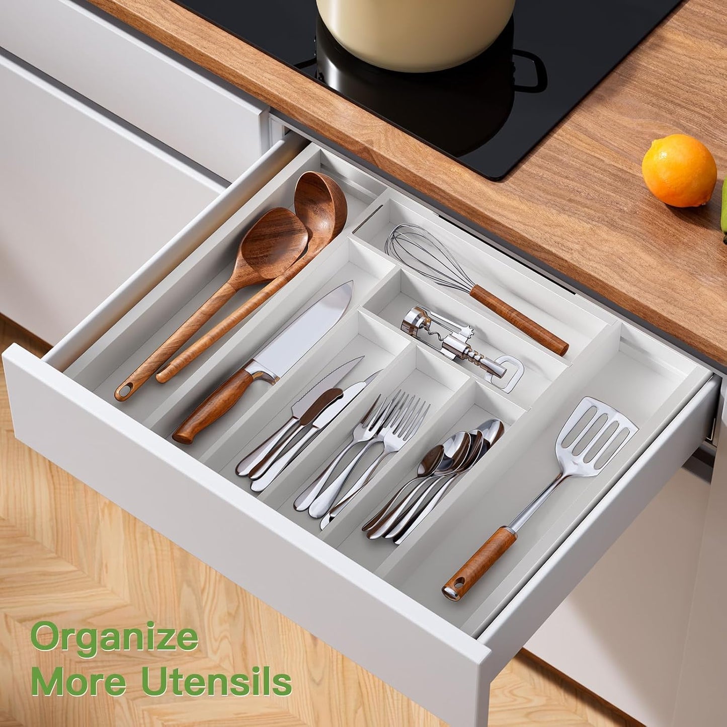 Pipishell Bamboo Drawer Organizer - Adjustable Utensil Holder & Cutlery Tray | White Wood Dividers