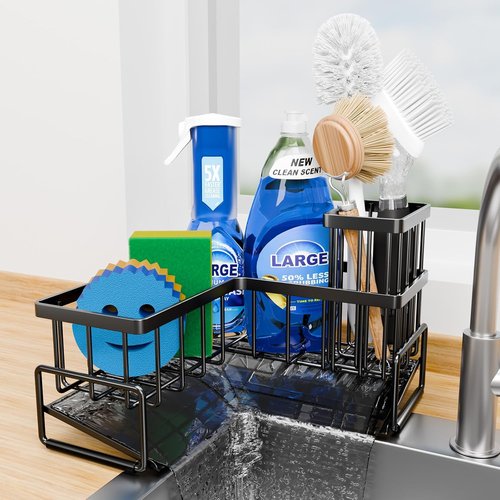 Fikoksol Kitchen Sink Sponge Holder - 90-Degree L-Shaped Caddy Organizer with Brush Holder | Metal Design
